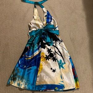 Blue satin floral halter backless dress